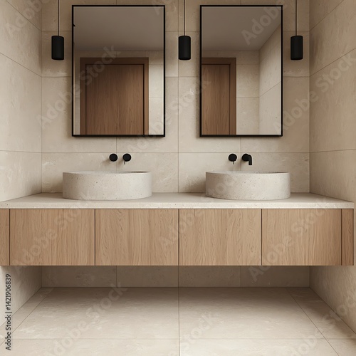 Obraz na płótnie Modern bathroom interior featuring double sinks, vanity with wooden cabinets, rectangular mirrors, and minimalist lighting fixtures. w salonie