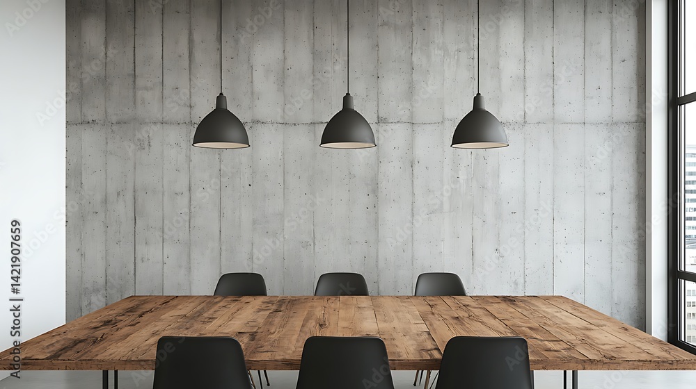 Modern Conference Room with Wooden Table, Concrete Wall, and Sleek Black Lighting Fixtures for Creative Workspaces.