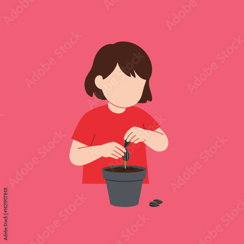 Child planting seed in pot with pink background vector illustration for gardening and education concepts 