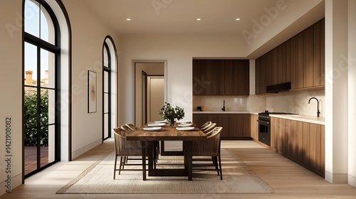 Modern dining and kitchen area with wooden cabinets, arched windows, and a stylish table setting for an inviting gathering.