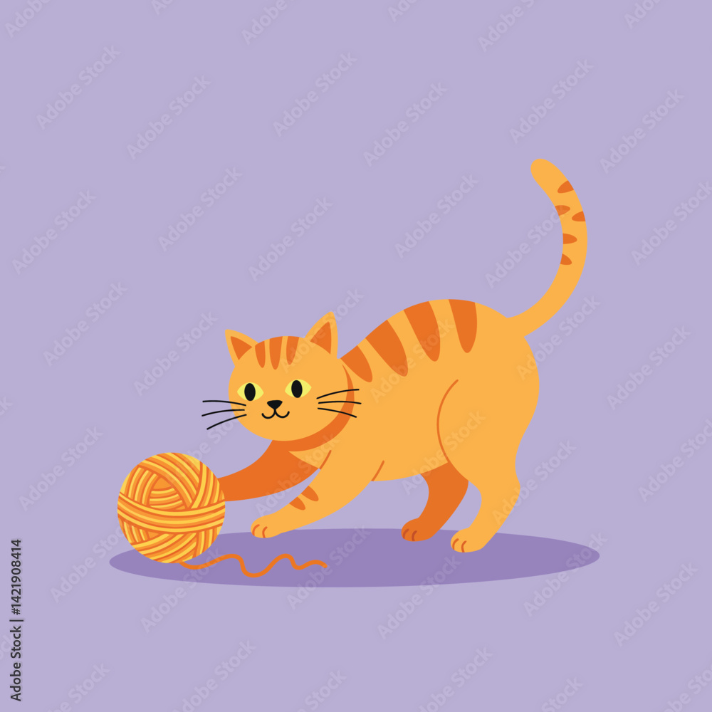 Fototapeta premium Orange tabby cat playing with wool ball on purple background vector illustration