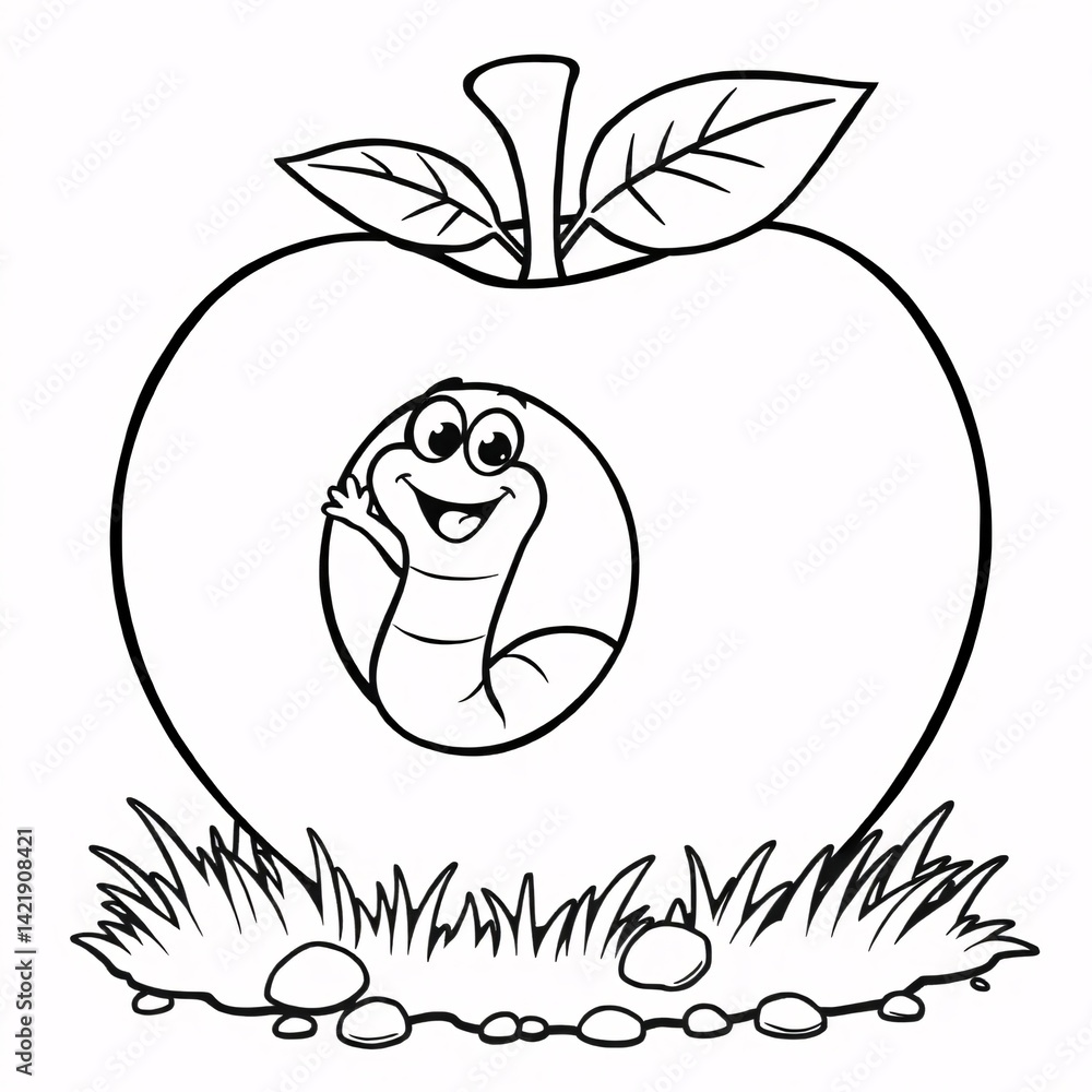 Cute cartoon apple with a happy worm in the grass Cute cartoon apple with a happy worm in the grass