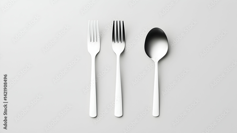 Minimalist Flatware Set: Silver Fork and Spoon on White Background Minimalist Flatware Set: Silver Fork and Spoon on White Background