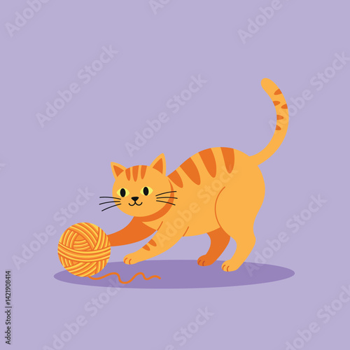 Orange tabby cat playing with wool ball on purple background vector illustration 