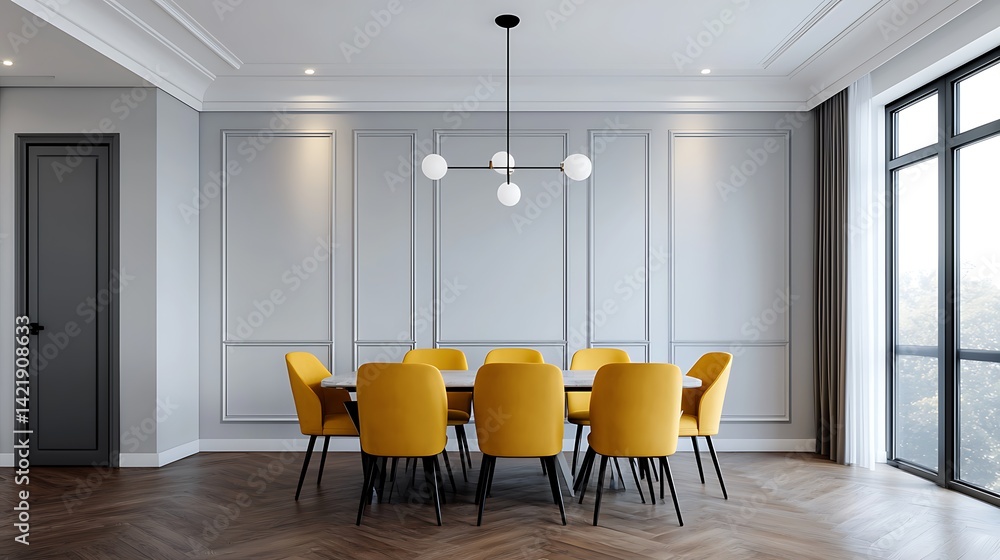 Modern Dining Area Featuring Yellow Seating, Minimalist Lighting, Decorative Wall Paneling, and Natural Light from a Large Window.