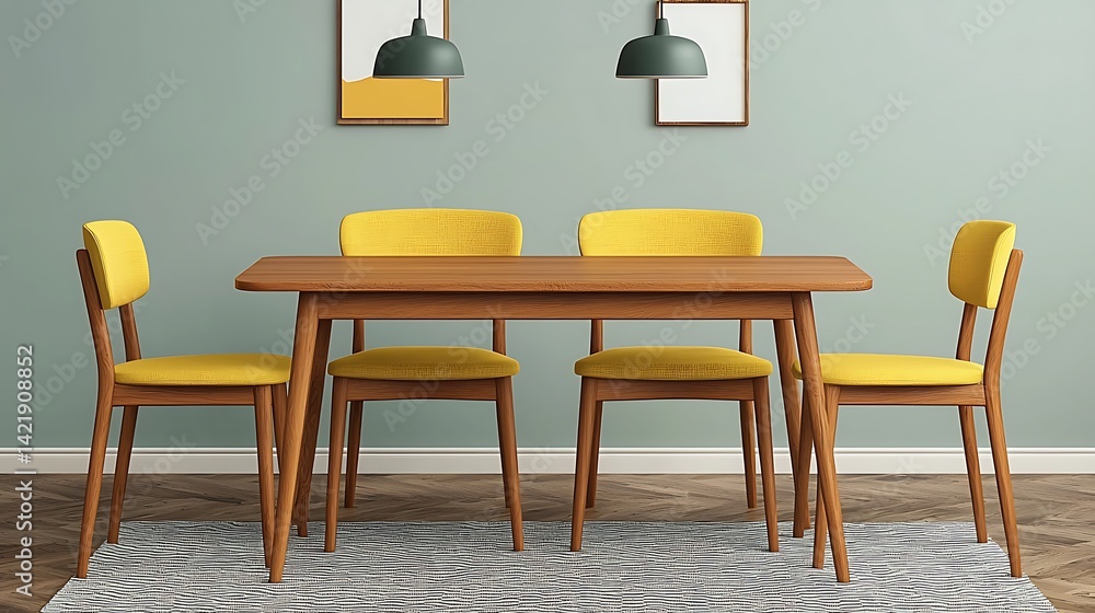 Modern dining area setup with wood table, yellow cushioned chairs, pendant lights, and neutral color palette decor.