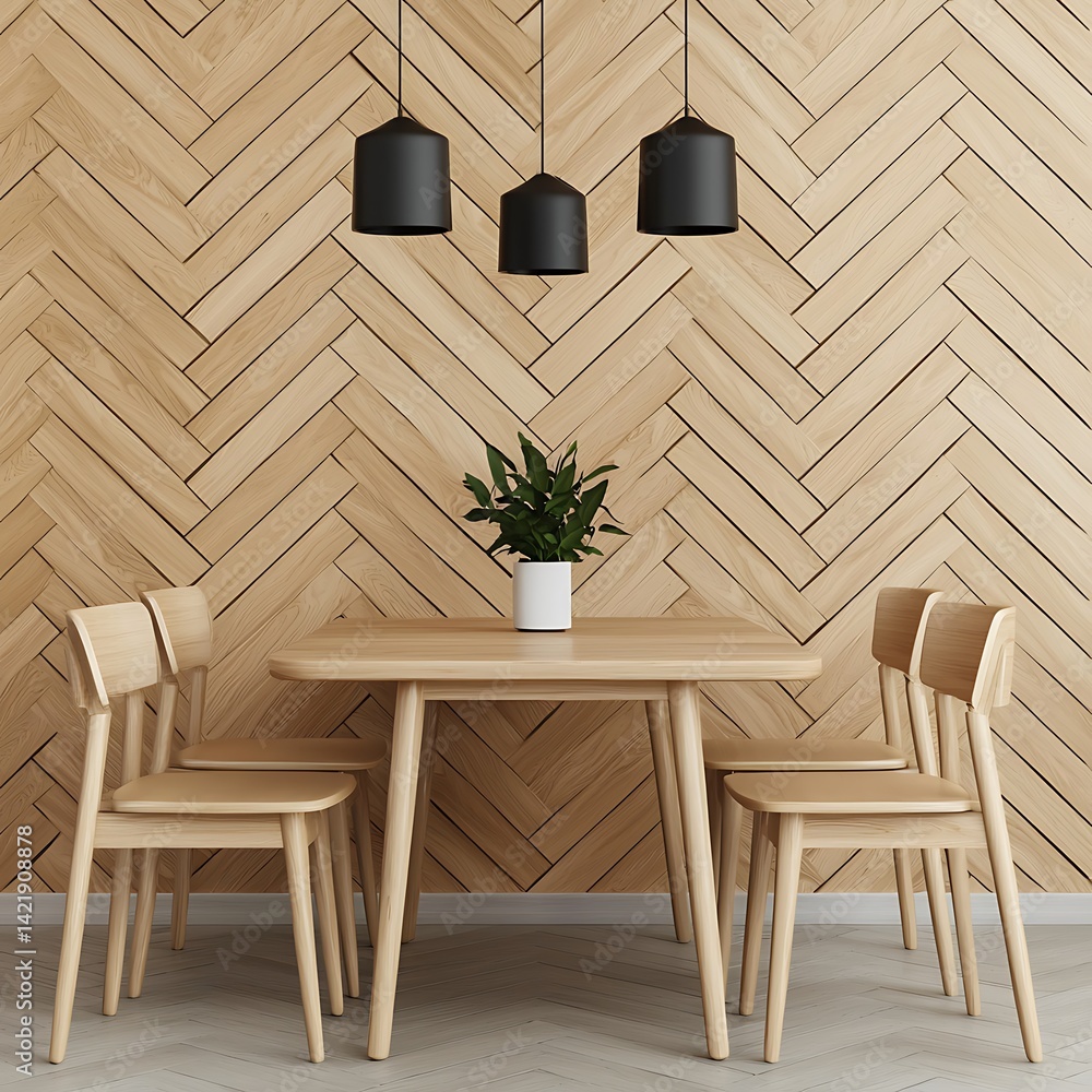 Modern dining area featuring minimalist wood furniture, stylish pendant lights, and a herringbone patterned wall creating a warm ambiance.