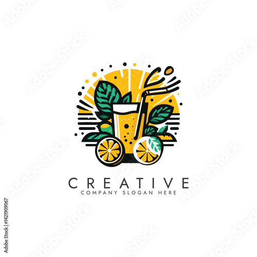 Lemon juice logo illustration design, logo featuring a glass of juice with a straw, lemon slices, and mint leaves, arranged in a dynamic and artistic composition vector design.