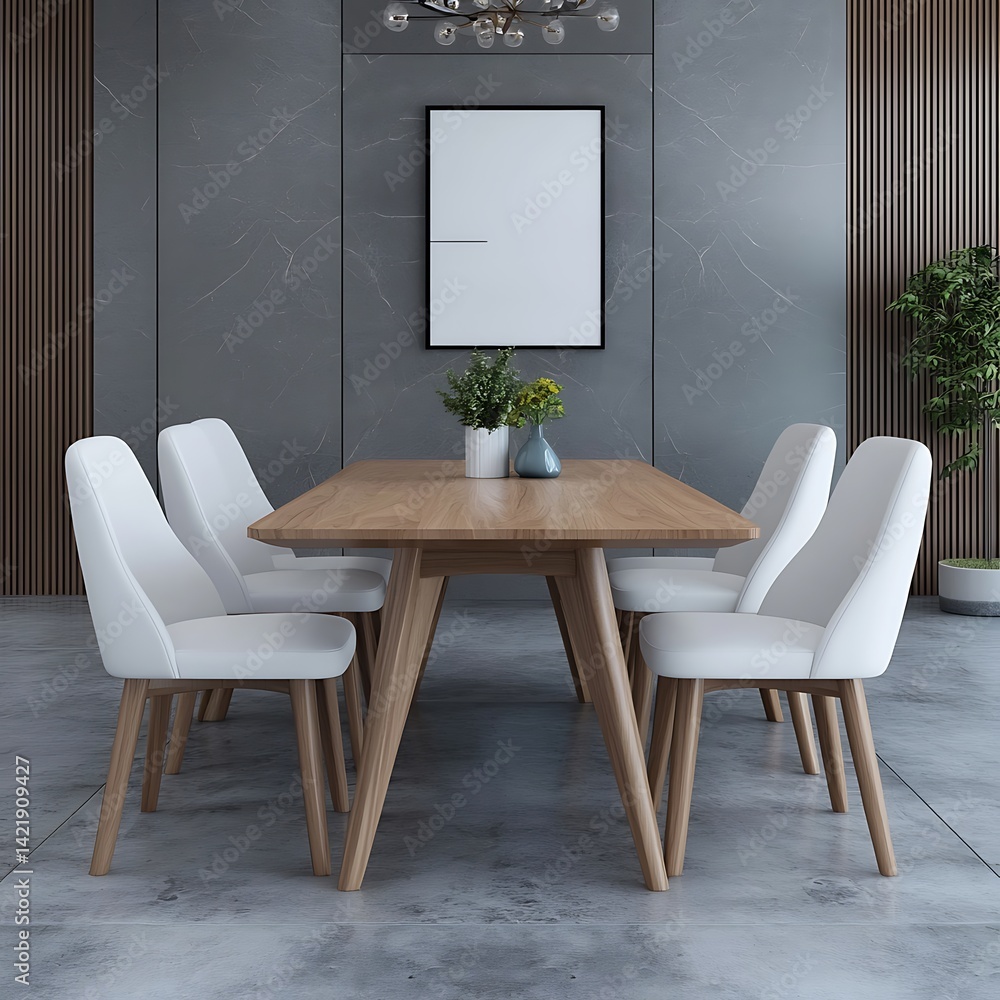 Modern Dining Area with Light Wood Table, White Chairs, Minimalist Decor, and Gray Textured Walls Interior Design.
