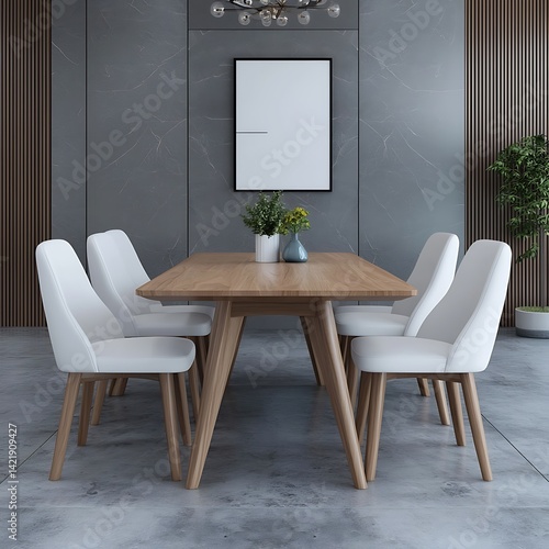 Obraz na płótnie Modern Dining Area with Light Wood Table, White Chairs, Minimalist Decor, and Gray Textured Walls Interior Design. w salonie
