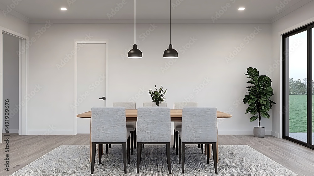 Modern Dining Area with Pendant Lights, Table, Chairs, Plant, and Rug: Minimalist Home Interior Design Idea.