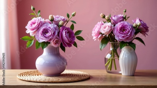A Pair of Delicate Purple Rose Bouquets in Elegant Vases on a Wooden Table