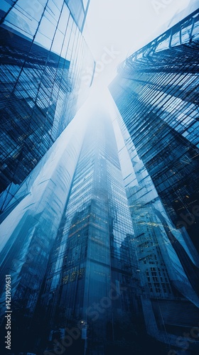 Low angle view of tall buildings against a bright sky.