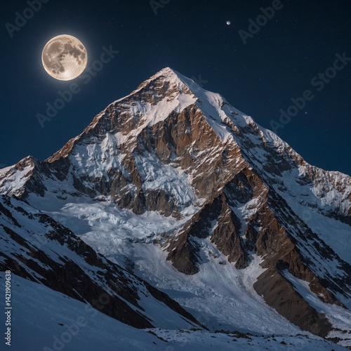 A full moon rising behind K2, casting ghostly light over the snow-covered slopes and turning the mountain into a silver specter in the night sky.
