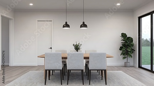 Obraz na płótnie Modern Dining Area with Pendant Lights, Table, Chairs, Plant, and Rug: Minimalist Home Interior Design Idea. w salonie