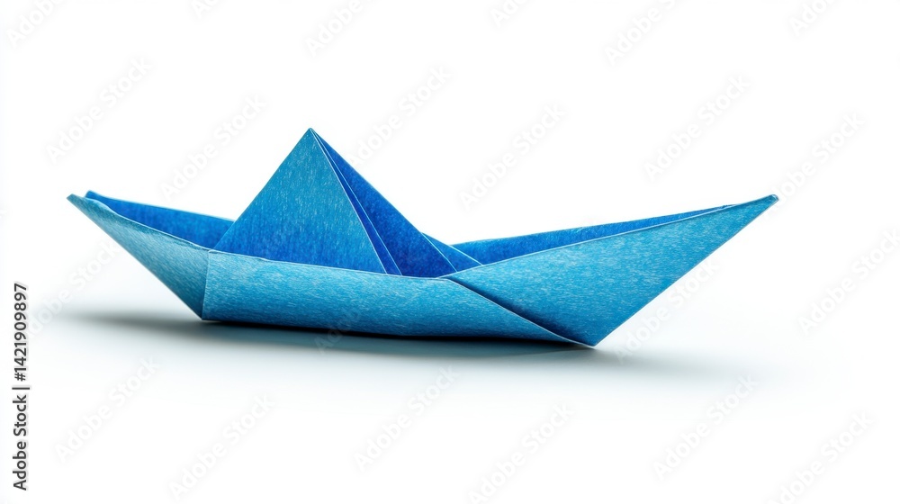 Naklejka premium A light blue origami paper boat sits on a white background.