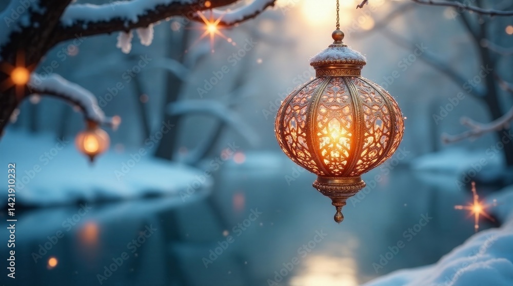 Obraz premium A glowing ornate lantern hangs from a snow-covered branch, illuminating a tranquil winter scene