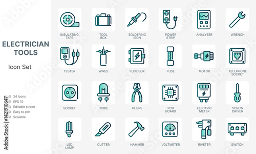 Electrician tools line icons set with green energy design