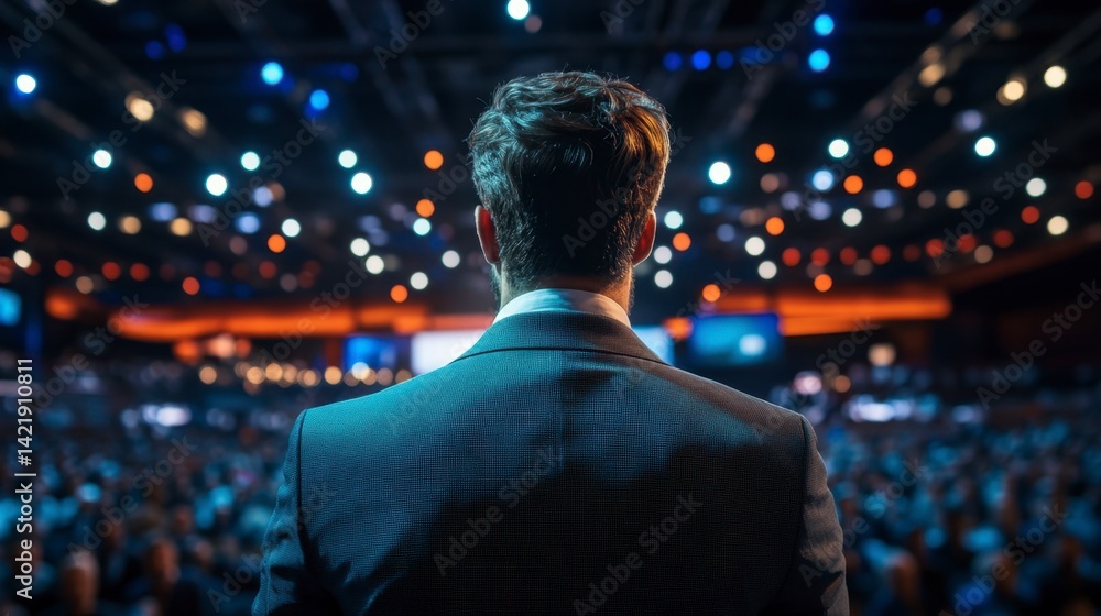 Man in suit speaking to large audience in a brightly lit auditorium. Rear view. Man in suit speaking to large audience in a brightly lit auditorium. Rear view.