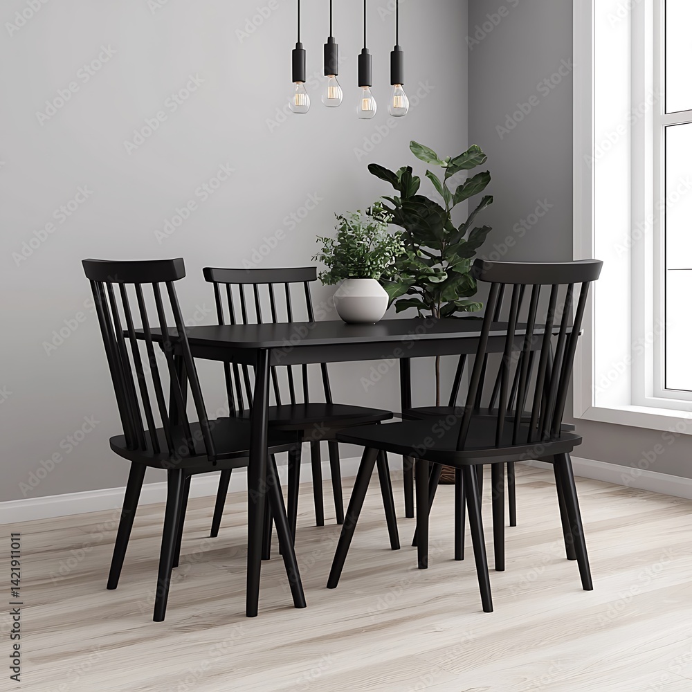 Modern Dining Room: Black Table and Chairs with Stylish Lighting and Green Plant Decor for Interior Design.