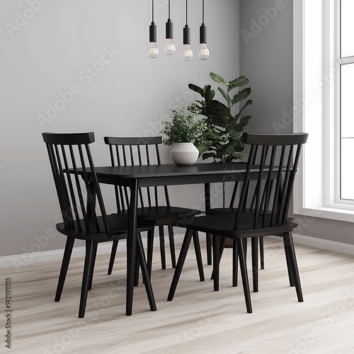 Obraz na płótnie Modern Dining Room: Black Table and Chairs with Stylish Lighting and Green Plant Decor for Interior Design. w salonie