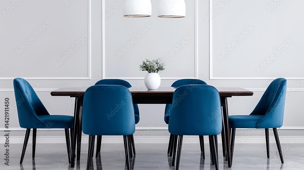 Modern Dining Room Featuring a Dark Wood Table and Blue Velvet Chairs with Minimalist Decor.
