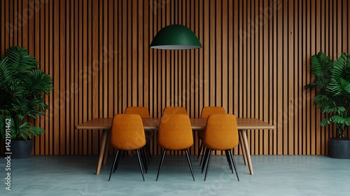 Obraz na płótnie Modern Dining Area with Wooden Table, Orange Chairs, Green Pendant Light, and Decorative Plants for Home Interior. w salonie