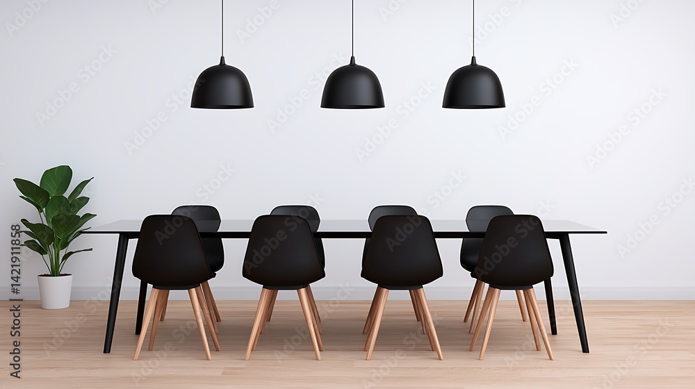 Modern Dining Room Interior with Black Table, Chairs, and Pendant Lights Against a White Wall.