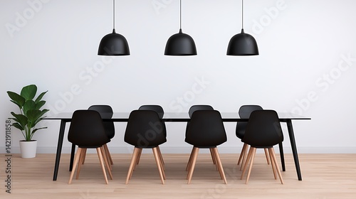 Obraz na płótnie Modern Dining Room Interior with Black Table, Chairs, and Pendant Lights Against a White Wall. w salonie