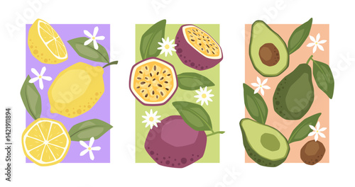 Set of vector posters with lemon, passion fruit and avocado