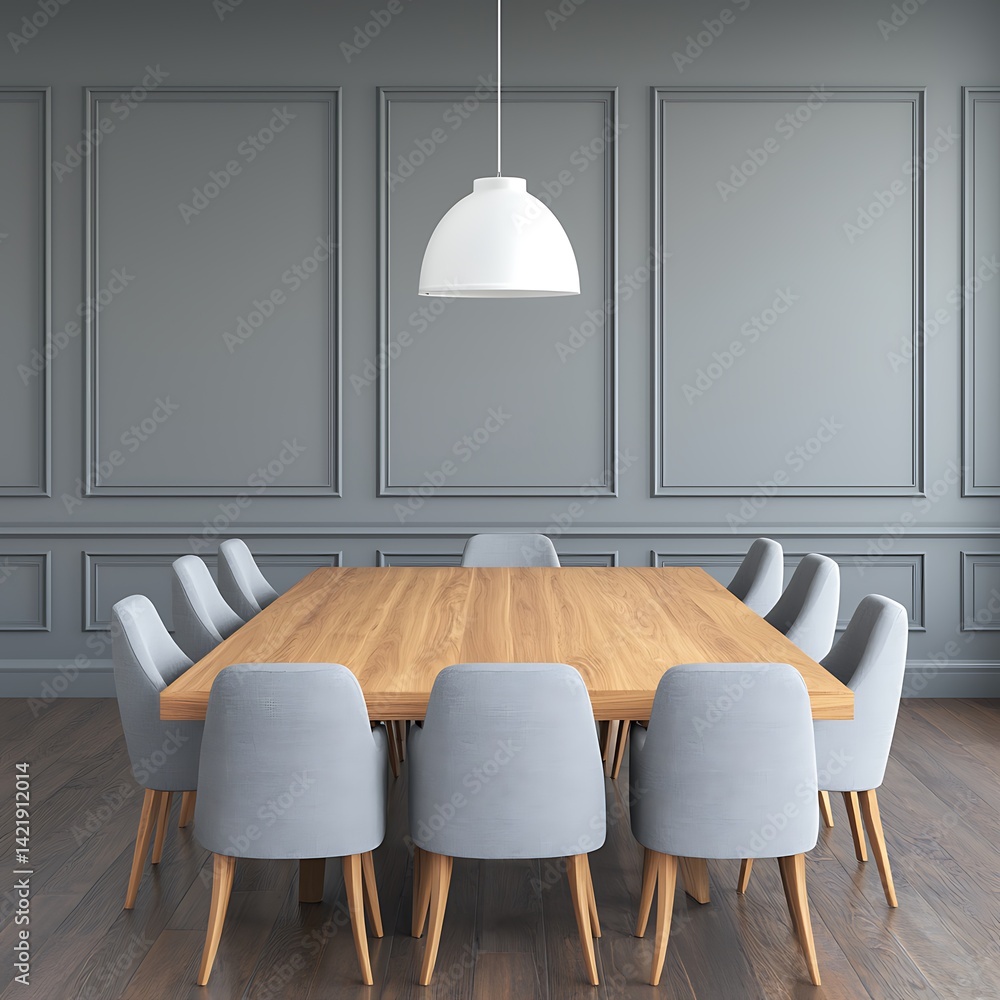 Modern dining room interior: wooden table surrounded by stylish grey chairs with grey wall panels and pendant light.
