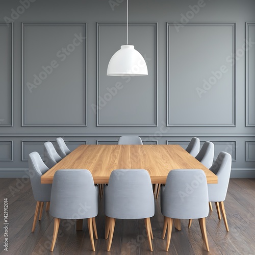 Obraz na płótnie Modern dining room interior: wooden table surrounded by stylish grey chairs with grey wall panels and pendant light. w salonie