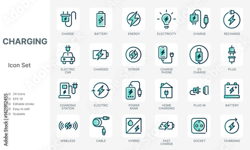 Set of charging Icon  electric charger battery energy with green design