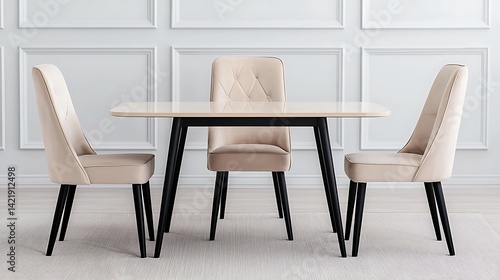 Obraz na płótnie Modern dining room set with beige upholstered chairs and sleek table against decorative paneling. w salonie