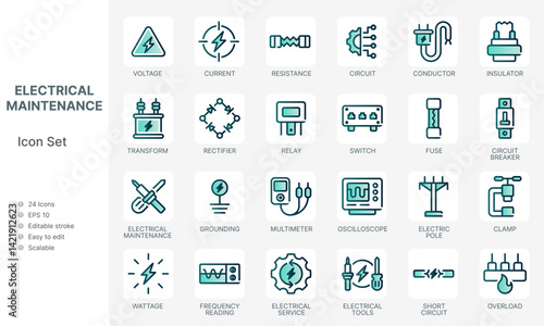 Electrician repair and maintenance icon set with green energy design