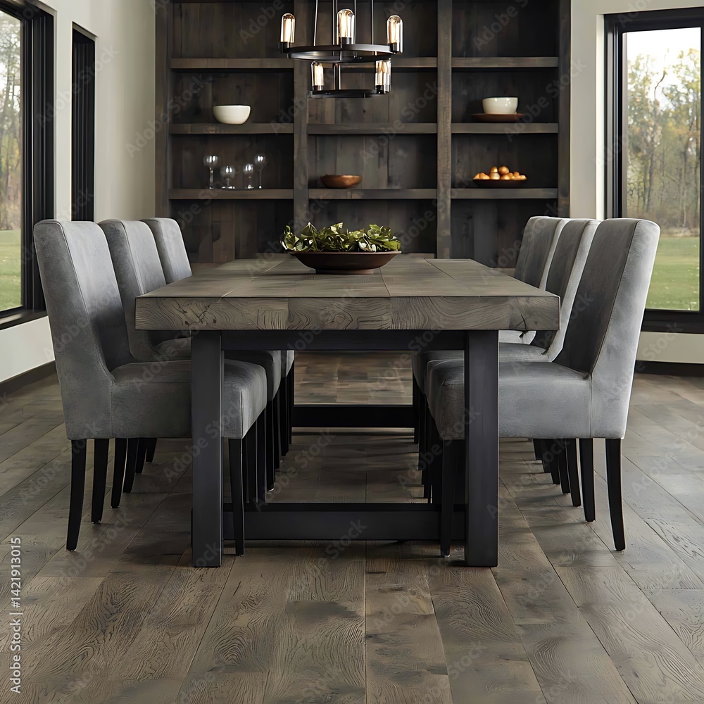 Modern Dining Room with Elegant Grey Chairs, Wooden Table, Stylish Lighting, and Built-in Shelves Near Large Windows.