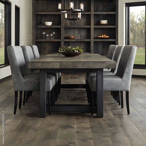 Obraz na płótnie Modern Dining Room with Elegant Grey Chairs, Wooden Table, Stylish Lighting, and Built-in Shelves Near Large Windows. w salonie