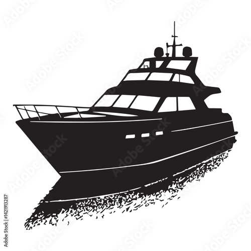 Travel yacht power boat steamer Vector Silhouettes White Background.