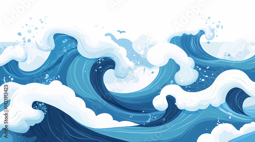 A captivating stylized blue wave crests with white foam adding dynamic energy to the serene seascape. Tranquil Breaker. Illustration