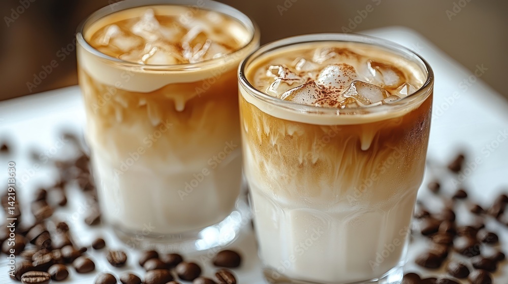 Iced coffee drinks, cafe setting, ice cubes, coffee beans Iced coffee drinks, cafe setting, ice cubes, coffee beans