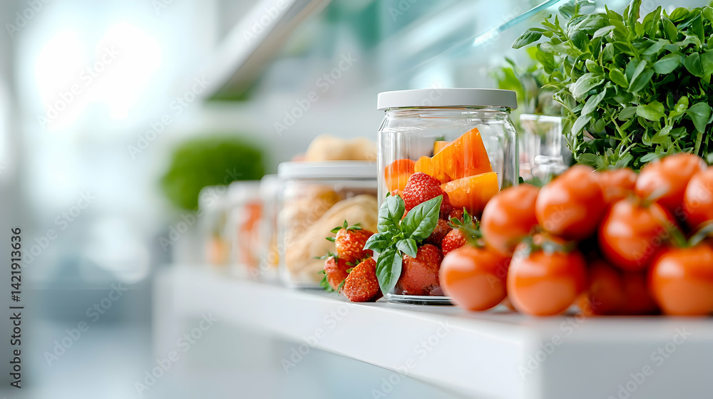 Fresh Produce in Glass Jars on Kitchen Shelf Fresh Produce in Glass Jars on Kitchen Shelf