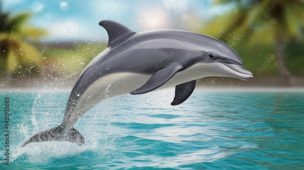 Fototapeta premium A magnificent dolphin leaps from the turquoise ocean near a tropical coast