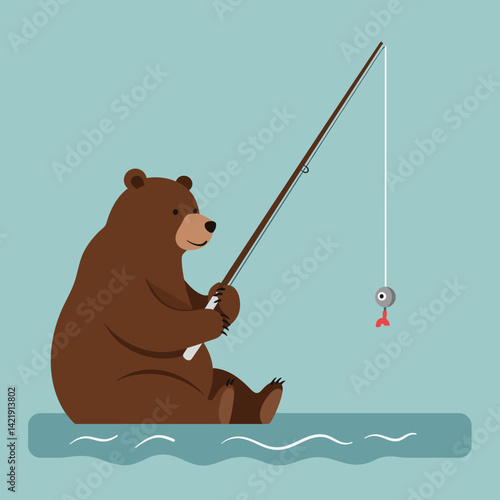 Brown bear sitting on ice fishing with rod and bait natural wildlife animal activity vector illustration 