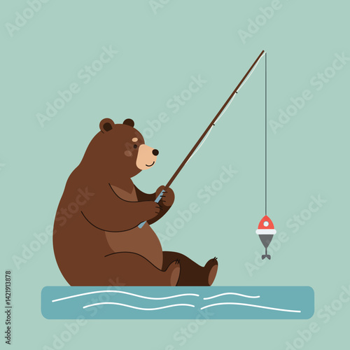Brown bear sitting on log fishing with rod and bobber in calm water vector illustration 