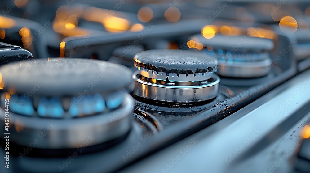 Close Up Of Gas Stove Burners With Blue Flames And Water Droplets Close Up Of Gas Stove Burners With Blue Flames And Water Droplets