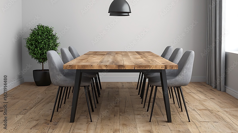 Modern Dining Room with Rustic Wooden Table, Gray Chairs, Minimalist Lighting, and Green Plant Decor.