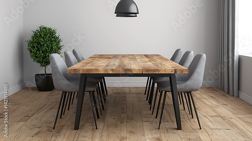 Modern Dining Room with Rustic Wooden Table, Gray Chairs, Minimalist Lighting, and Green Plant Decor.