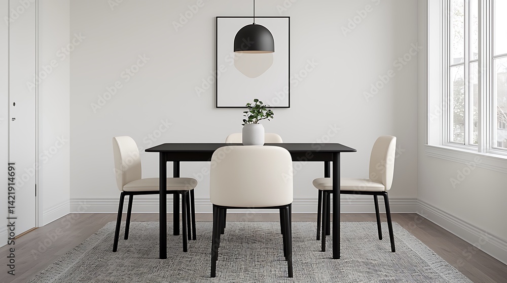 Modern Dining Space Featuring a Sleek Table, Stylish Chairs, Minimalist Art and Abundant Natural Light for a Cozy Ambiance