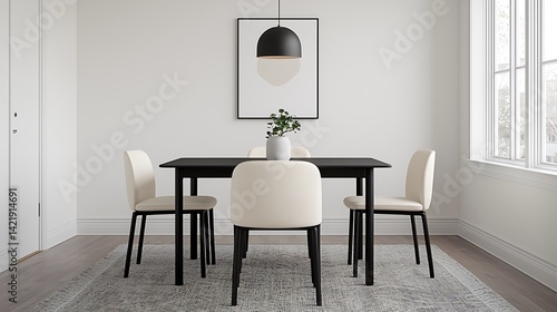 Obraz na płótnie Modern Dining Space Featuring a Sleek Table, Stylish Chairs, Minimalist Art and Abundant Natural Light for a Cozy Ambiance w salonie