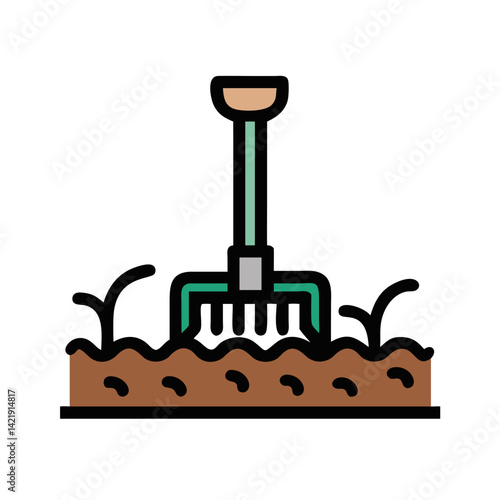 Rake in Soil Icon Representing Ground Leveling and Garden Maintenance